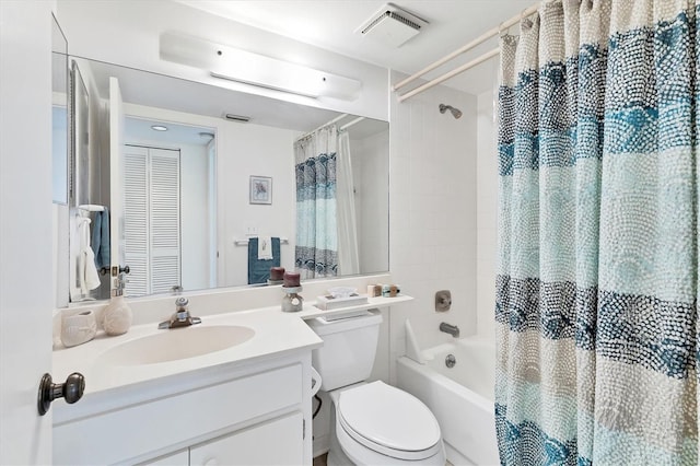 full bathroom with toilet, vanity, and shower / bath combo