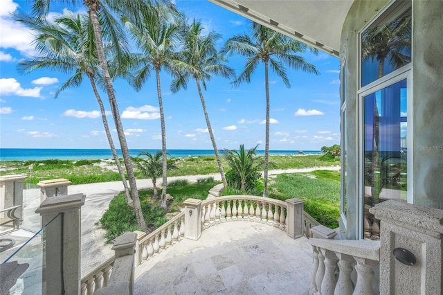 exterior space featuring a beach view