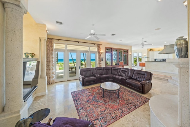 living room with ceiling fan