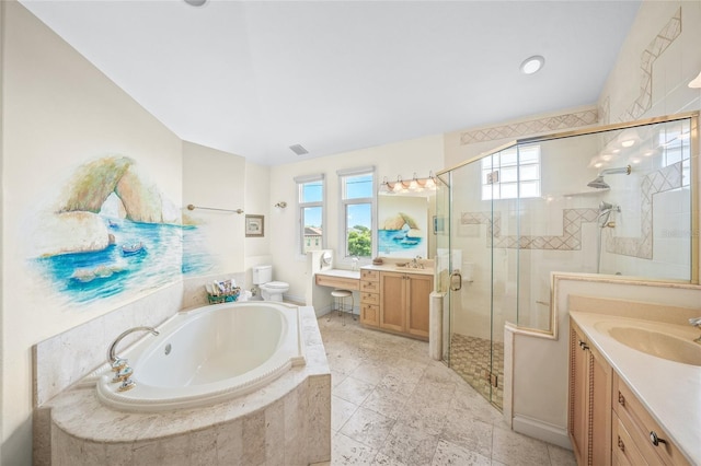 full bathroom featuring toilet, vanity, and shower with separate bathtub