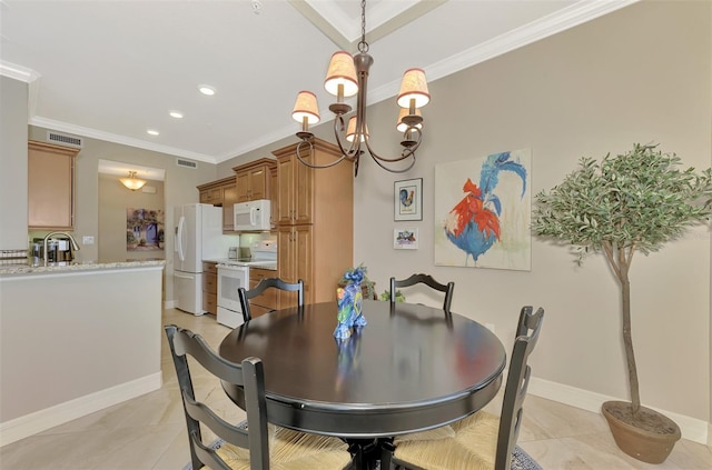 tiled dining area featuring a chandelier and crown molding