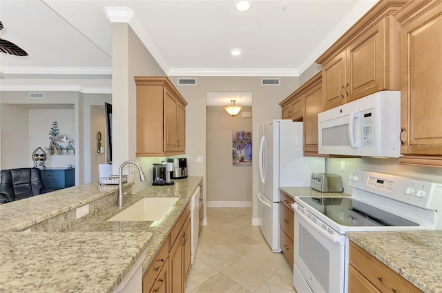 kitchen with sink, crown molding, white appliances, light tile patterned flooring, and light stone counters