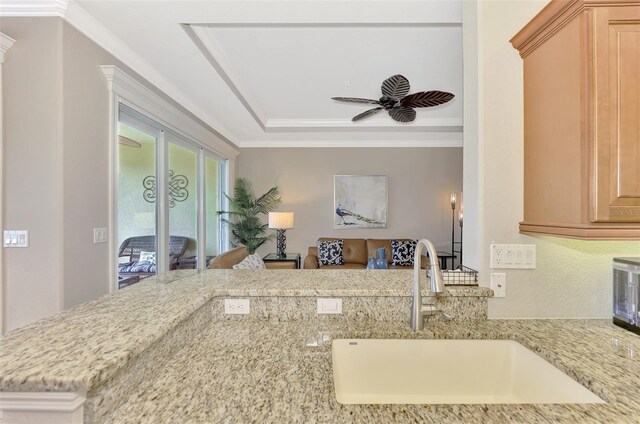 kitchen featuring sink, light stone counters, and ornamental molding