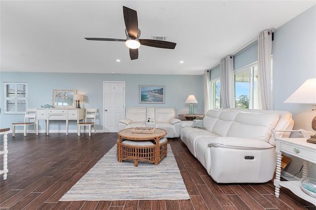 living room featuring ceiling fan