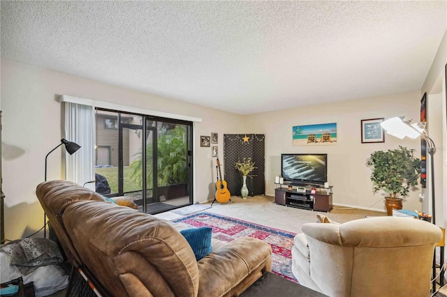 carpeted living room with a textured ceiling