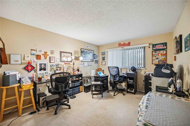 office space with light colored carpet and a textured ceiling