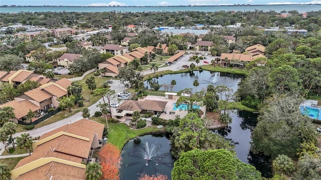 aerial view featuring a water view