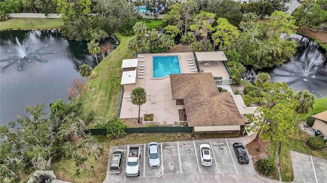 aerial view featuring a water view