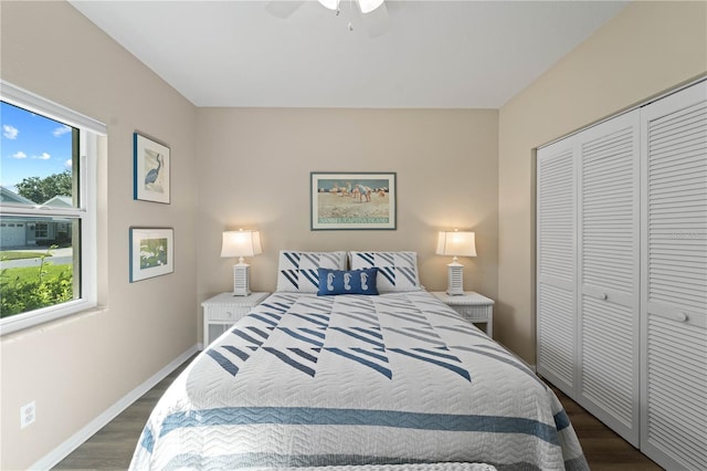 bedroom featuring ceiling fan, multiple windows, a closet, and dark hardwood / wood-style flooring