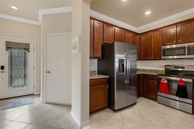 kitchen featuring light stone countertops, crown molding, and appliances with stainless steel finishes