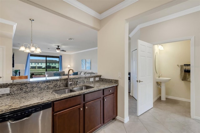 kitchen featuring dishwasher, light tile patterned floors, sink, ornamental molding, and light stone counters