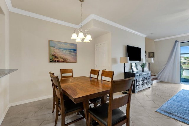 dining space with a notable chandelier, crown molding, and light tile patterned floors