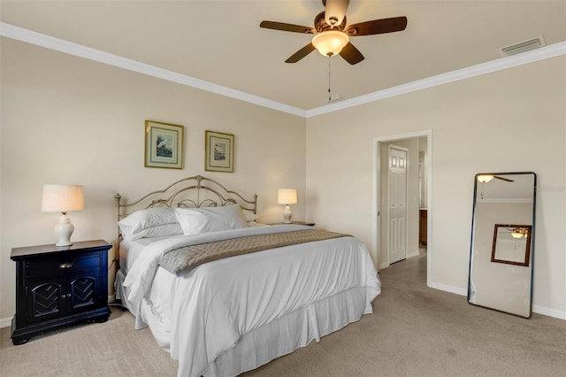 bedroom featuring light colored carpet, ceiling fan, and ornamental molding