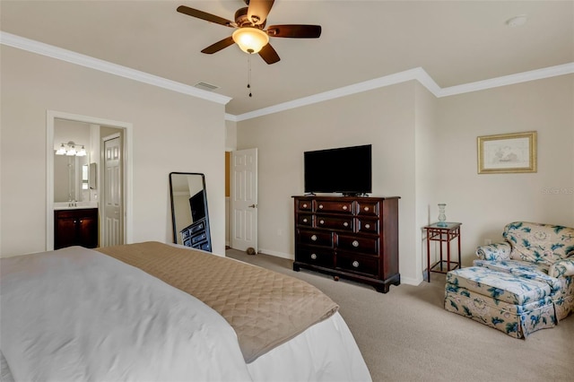 bedroom featuring ceiling fan, light colored carpet, ensuite bathroom, and crown molding