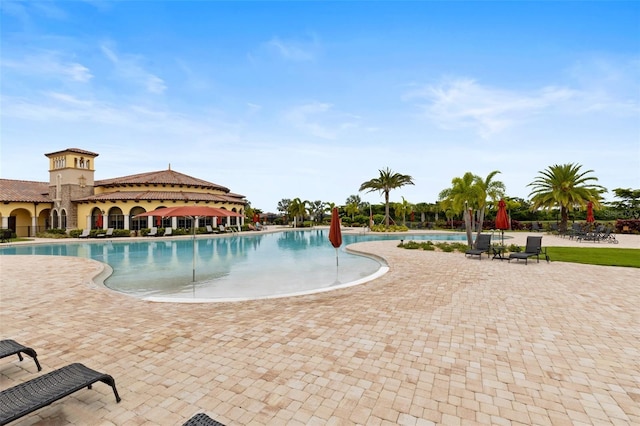 view of swimming pool featuring a patio area