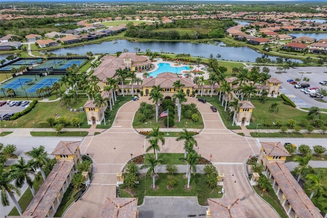 drone / aerial view with a water view