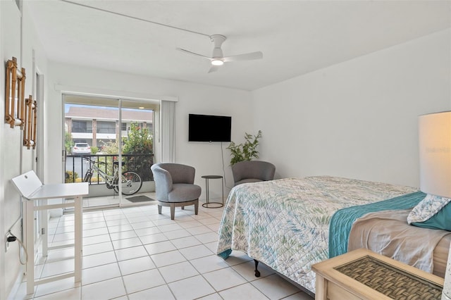 tiled bedroom with ceiling fan and access to exterior