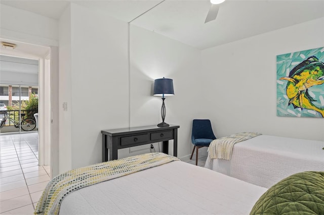 bedroom with ceiling fan, access to exterior, and light tile patterned floors