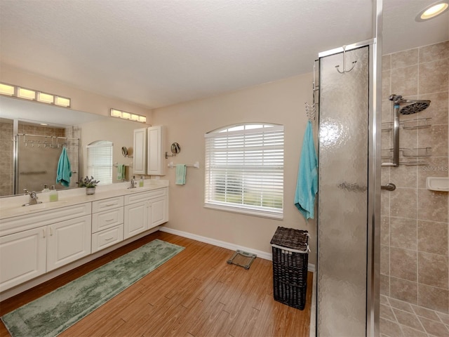 bathroom with a shower with door, hardwood / wood-style flooring, and vanity