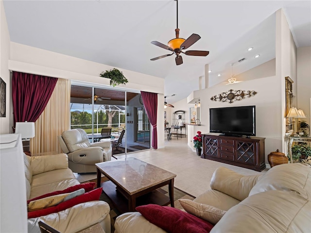 tiled living room featuring lofted ceiling