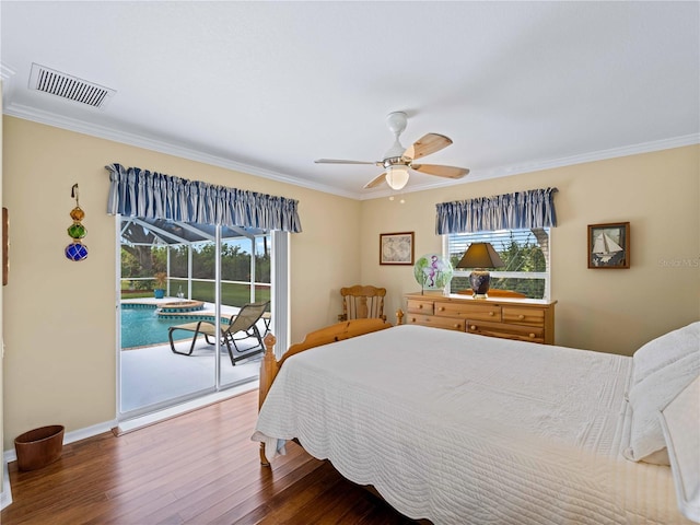 bedroom with ceiling fan, ornamental molding, hardwood / wood-style floors, and access to outside