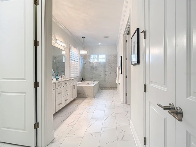 bathroom featuring ornamental molding, separate shower and tub, and vanity