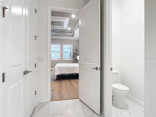 bathroom featuring ornamental molding, toilet, and a raised ceiling