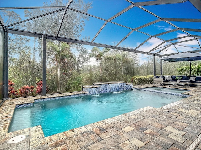 view of swimming pool featuring an in ground hot tub, pool water feature, a lanai, an outdoor living space, and a patio area