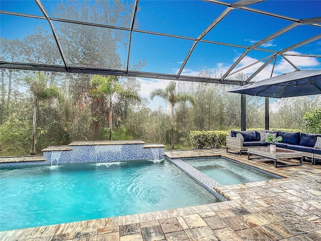 view of swimming pool with an outdoor living space, a lanai, pool water feature, and an in ground hot tub