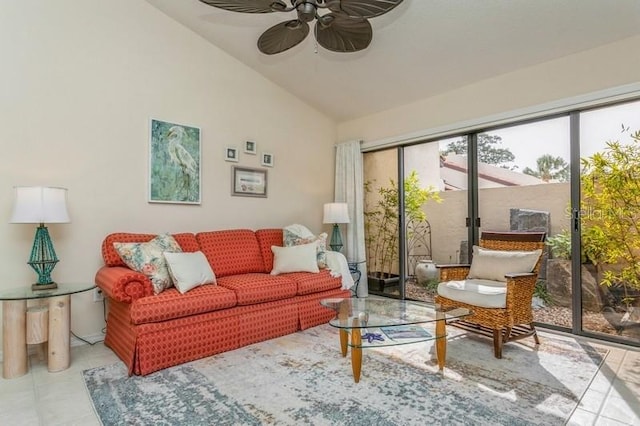 living room with ceiling fan and high vaulted ceiling