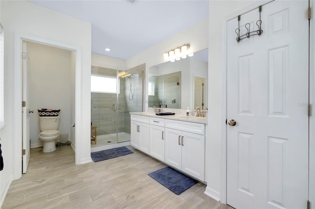 bathroom with vanity, hardwood / wood-style floors, a shower with door, and toilet