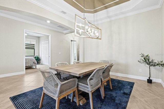 dining area featuring light tile patterned flooring, a chandelier, and crown molding