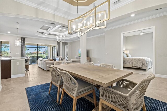 dining space featuring coffered ceiling, ornamental molding, and a chandelier