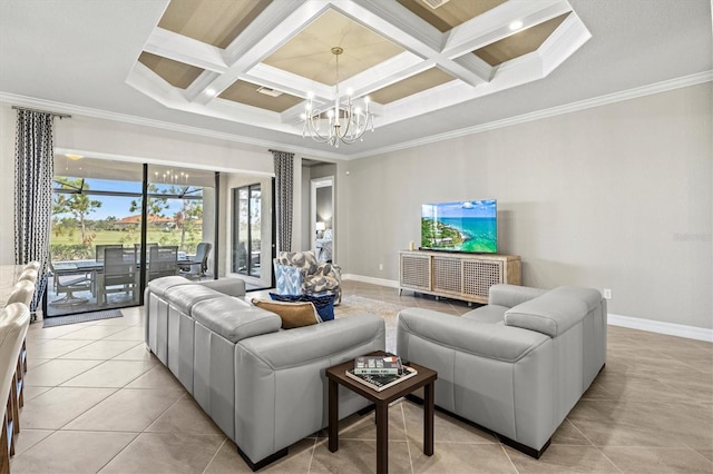 living room featuring ornamental molding, coffered ceiling, a chandelier, and beam ceiling