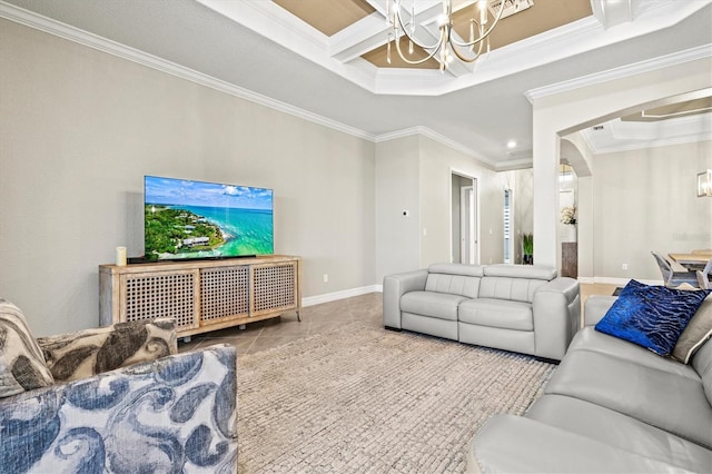 living room with crown molding, beam ceiling, coffered ceiling, tile patterned floors, and a chandelier