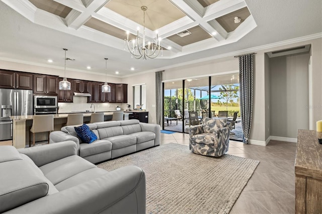 tiled living room with beamed ceiling, ornamental molding, and coffered ceiling