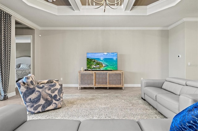 tiled living room with a notable chandelier and ornamental molding