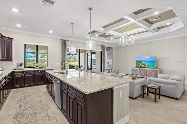 kitchen featuring sink, coffered ceiling, a kitchen island with sink, crown molding, and beam ceiling