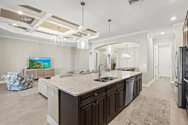 kitchen with beamed ceiling, sink, coffered ceiling, stainless steel dishwasher, and a kitchen island with sink