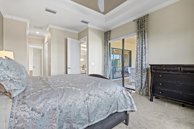 carpeted bedroom with access to exterior and crown molding