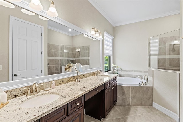 bathroom with plus walk in shower, tile patterned floors, vanity, and crown molding