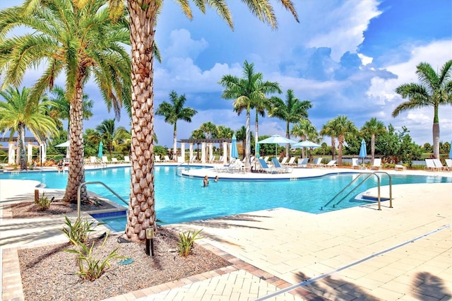 view of swimming pool featuring a patio area