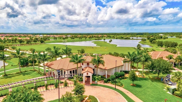 aerial view featuring a water view