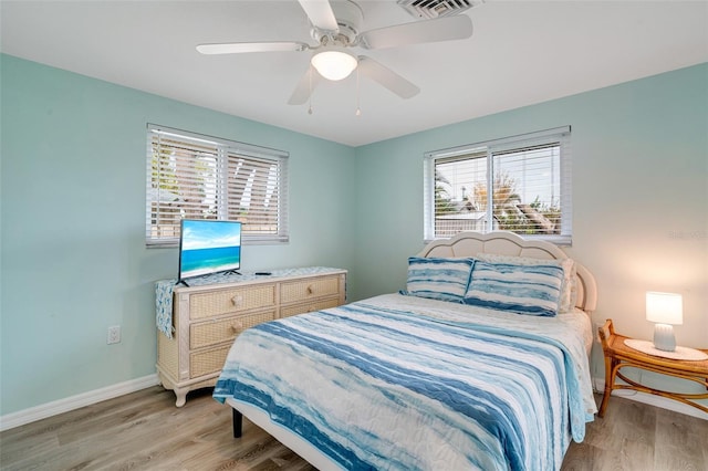 bedroom featuring ceiling fan and light wood-type flooring