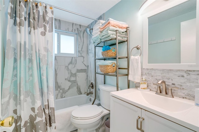 full bathroom with vanity, toilet, shower / bath combo, and decorative backsplash