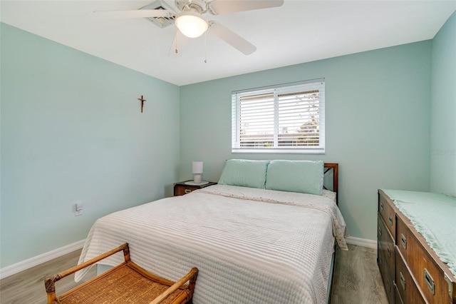 bedroom featuring ceiling fan and light hardwood / wood-style flooring