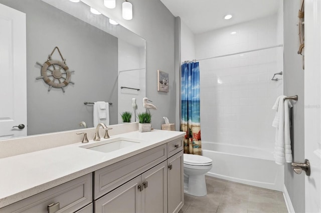 12488 Palatka Dr, Venice, FL 34293 - full bathroom featuring shower / bathtub combination with curtain, vanity, tile patterned flooring, and toilet