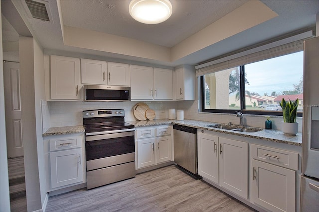 kitchen with white cabinetry, light hardwood / wood-style floors, stainless steel appliances, a tray ceiling, and light stone countertops