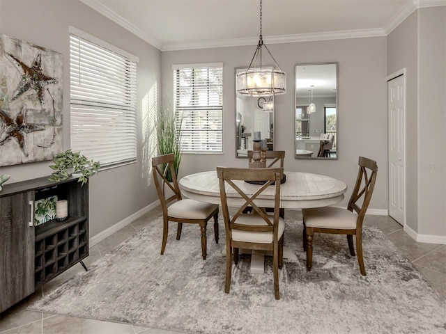 tiled dining space with crown molding