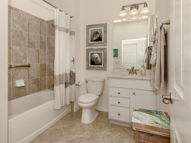 full bathroom featuring vanity, tile patterned floors, shower / bath combination with curtain, and toilet